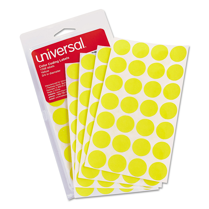 Universal Self-Adhesive Removable Color-Coding Labels, 0.75" dia., Yellow, 28/Sheet, 36 Sheets/Pack 