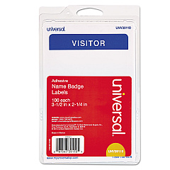 Universal "Visitor" Self-Adhesive Name Badges, 3 1/2 x 2 1/4, White/Blue, 100/Pack (UNV39110)