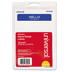 Universal "Hello" Self-Adhesive Name Badges, 3 1/2 x 2 1/4, White/Blue, 100/Pack (UNV39105)