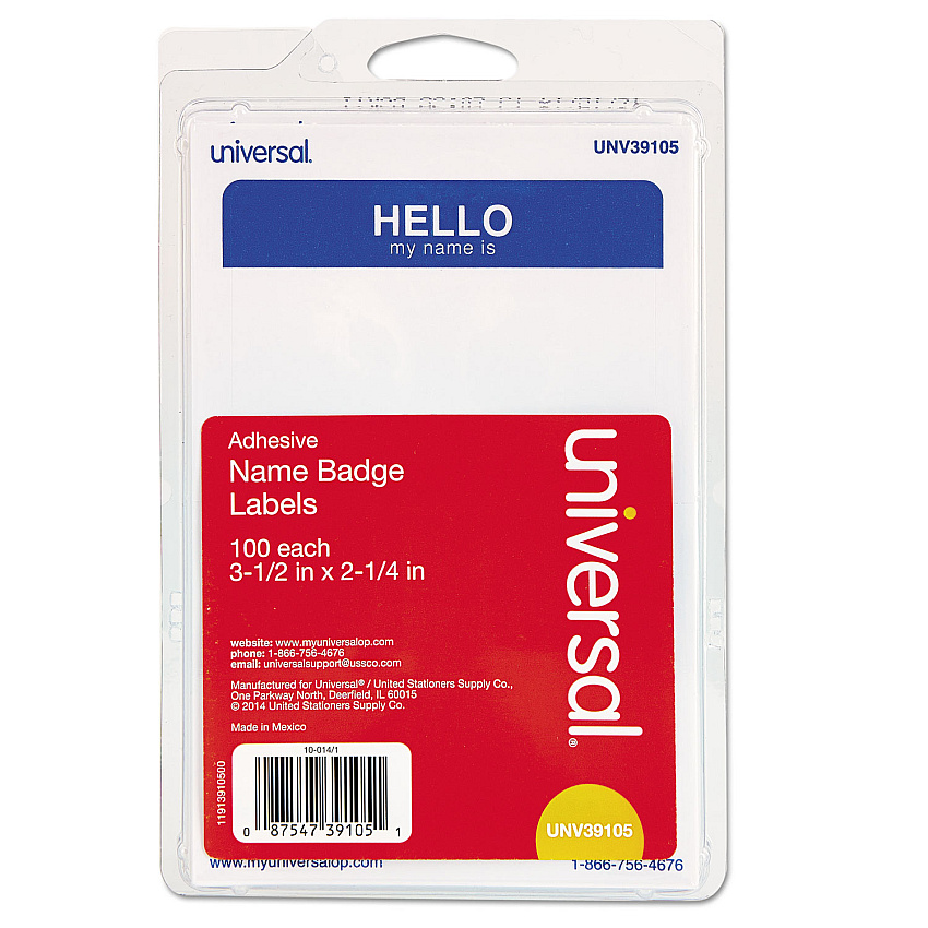 Universal "Hello" Self-Adhesive Name Badges, 3 1/2 x 2 1/4, White/Blue, 100/Pack (UNV39105)