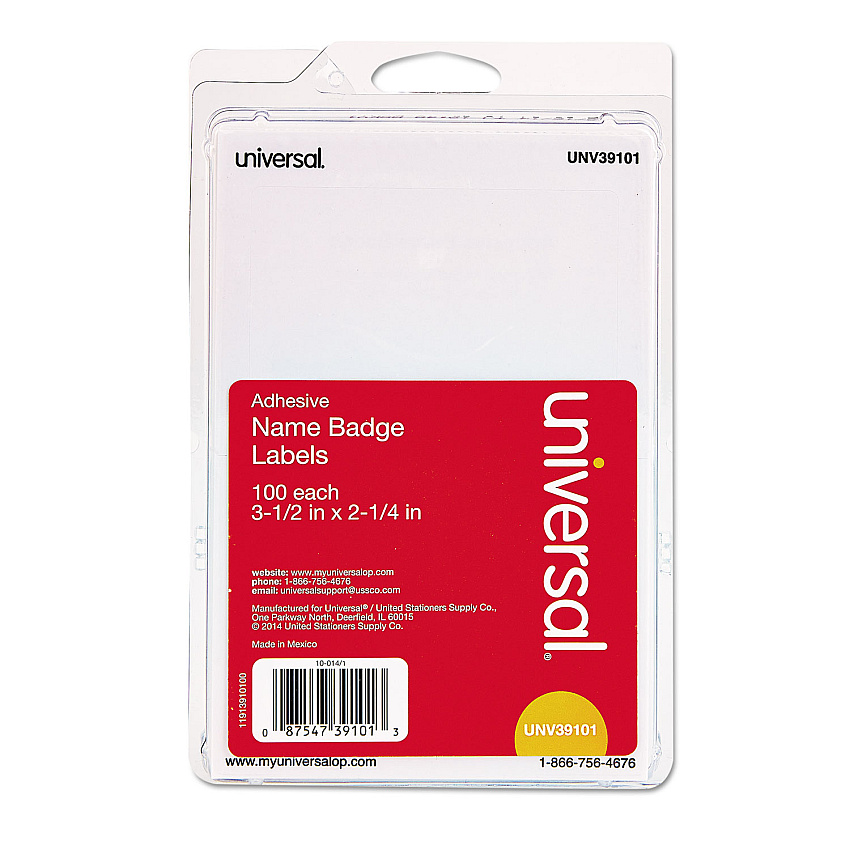 Universal Plain Self-Adhesive Name Badges, 3 1/2 x 2 1/4, White, 100/Pack (UNV39101)