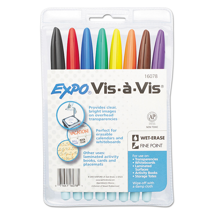 EXPO Vis-a-Vis Wet Erase Marker, Fine Bullet Tip, Assorted Colors, 8/Set (2134345)