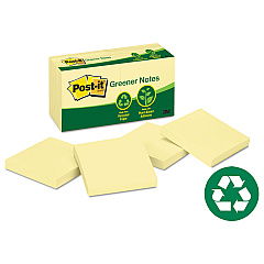 Post-it Greener Notes Original Recycled Note Pads, 3" x 3", Canary Yellow, 100 Sheets/Pad, 12 Pads/Pack (654RPYW)