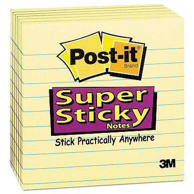 Post-it Notes Super Sticky Pads in Canary Yellow, Note Ruled, 4" x 4", 90 Sheets/Pad, 6 Pads/Pack (6756SSCY)