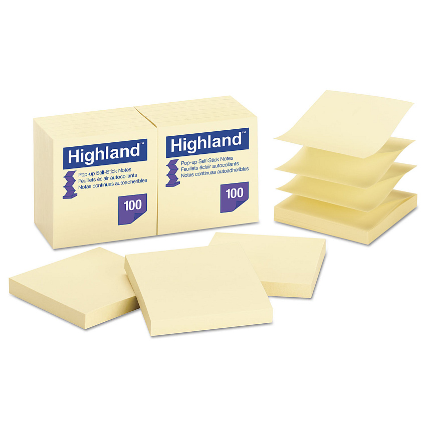 Highland Self-Stick Pop-up Notes, 3" x 3", Yellow, 100 Sheets/Pad, 12 Pads/Pack (6549PUY)