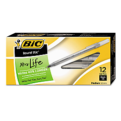 BIC Round Stic Xtra Life Ballpoint Pen, Stick, Medium 1 mm, Black Ink, Smoke Barrel, Dozen (GSM11BK)