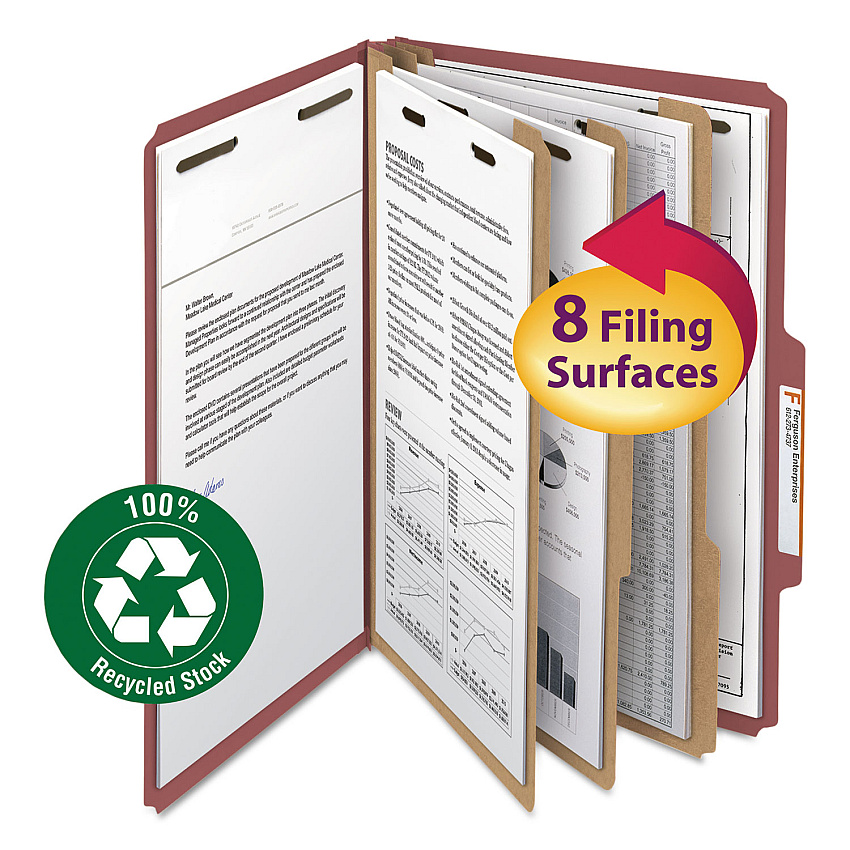 Smead 100% Recycled Pressboard Classification Folders, 3 Dividers, Legal Size, Red, 10/Box (19099)