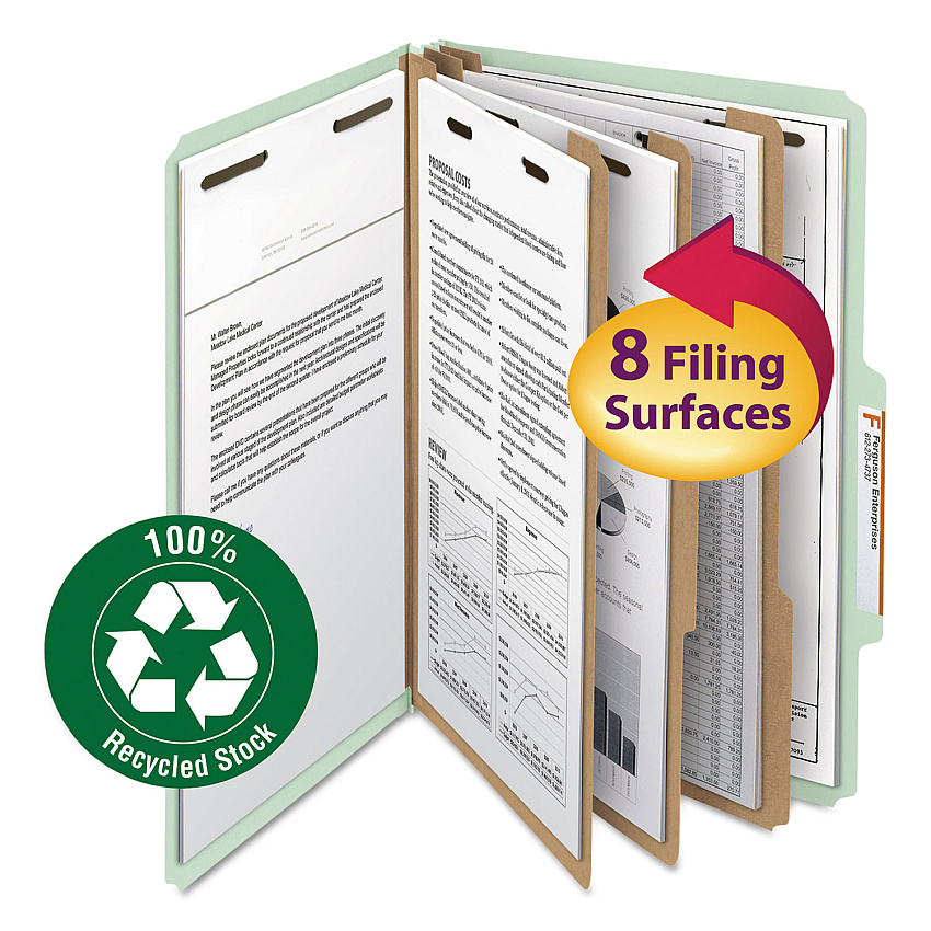 Smead 100% Recycled Pressboard Classification Folders, 3 Dividers, Legal Size, Gray-Green, 10/Box (19093)