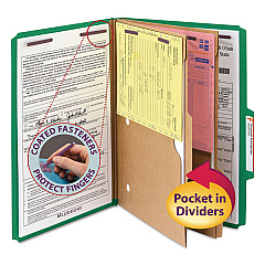 Smead 6-Section Pressboard Top Tab Pocket-Style Classification Folders with SafeSHIELD Fasteners, 2 Dividers, Legal, Green, 10/BX (19083)