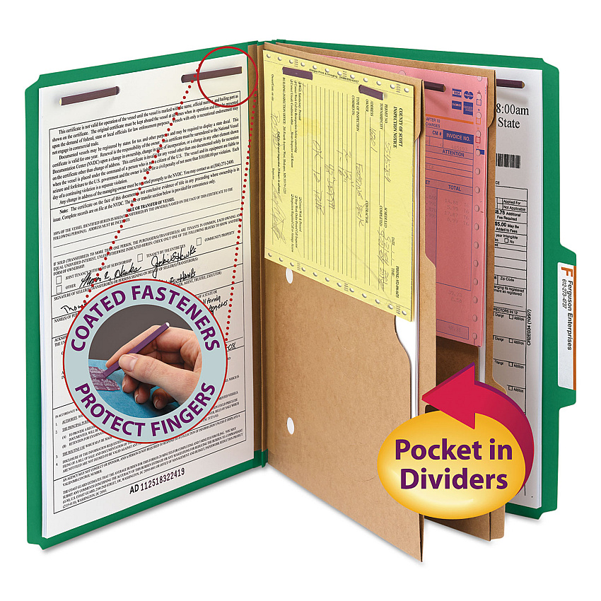 Smead 6-Section Pressboard Top Tab Pocket-Style Classification Folders with SafeSHIELD Fasteners, 2 Dividers, Legal, Green, 10/BX (19083)
