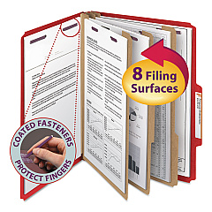 Smead Eight-Section Pressboard Top Tab Classification Folders with SafeSHIELD Fasteners, 3 Dividers, Letter Size, Bright Red, 10/BX (14095)