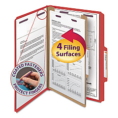 Smead Four-Section Pressboard Top Tab Classification Folders with SafeSHIELD Fasteners, 1 Divider, Legal Size, Bright Red, 10/Box (18731)