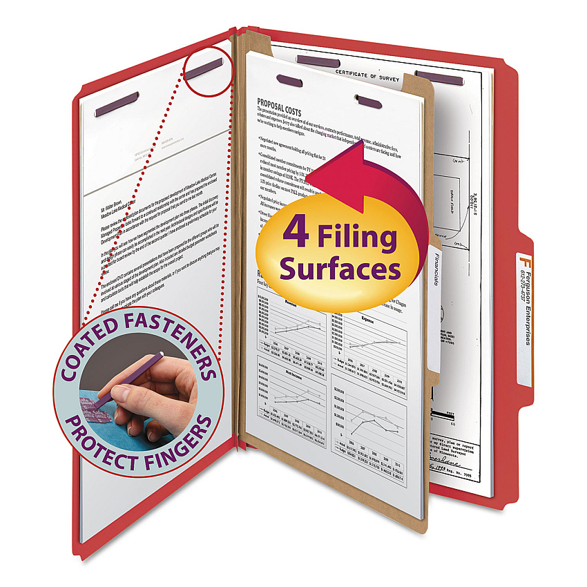 Smead Four-Section Pressboard Top Tab Classification Folders with SafeSHIELD Fasteners, 1 Divider, Legal Size, Bright Red, 10/Box (18731)