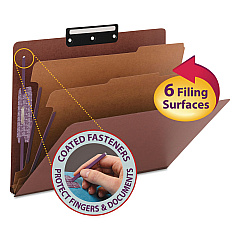 Smead Pressboard Classification Folders with SafeSHIELD Coated Fasteners, 1/3-Cut, 2 Dividers, Letter Size, Red, 10/Box (14230)