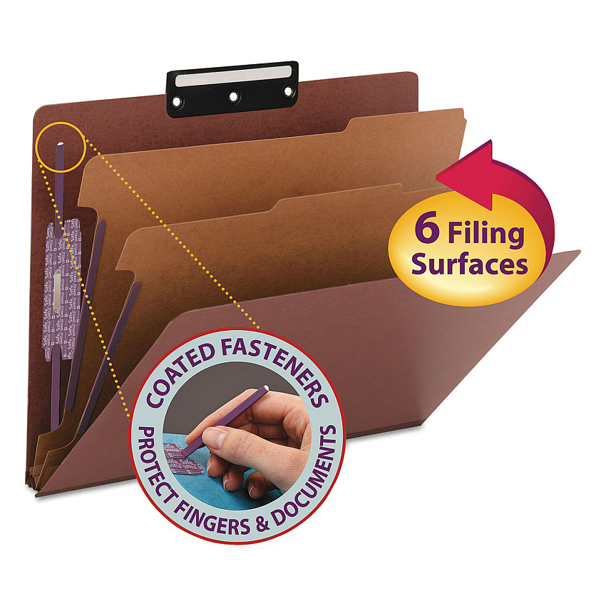 Smead Pressboard Classification Folders with SafeSHIELD Coated Fasteners, 1/3-Cut, 2 Dividers, Letter Size, Red, 10/Box (14230)