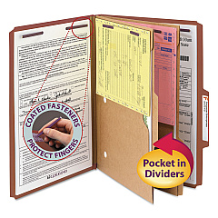 Smead 6-Section Pressboard Top Tab Pocket-Style Classification Folders with SafeSHIELD Fasteners, 2 Dividers, Legal, Red, 10/Box (19079)