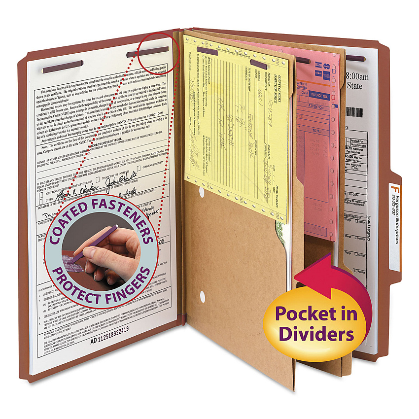 Smead 6-Section Pressboard Top Tab Pocket-Style Classification Folders with SafeSHIELD Fasteners, 2 Dividers, Legal, Red, 10/Box (19079)