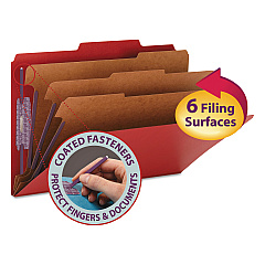 Smead Eight-Section Pressboard Top Tab Classification Folders with SafeSHIELD Fasteners, 3 Dividers, Legal Size, Bright Red, 10/Box (19095)