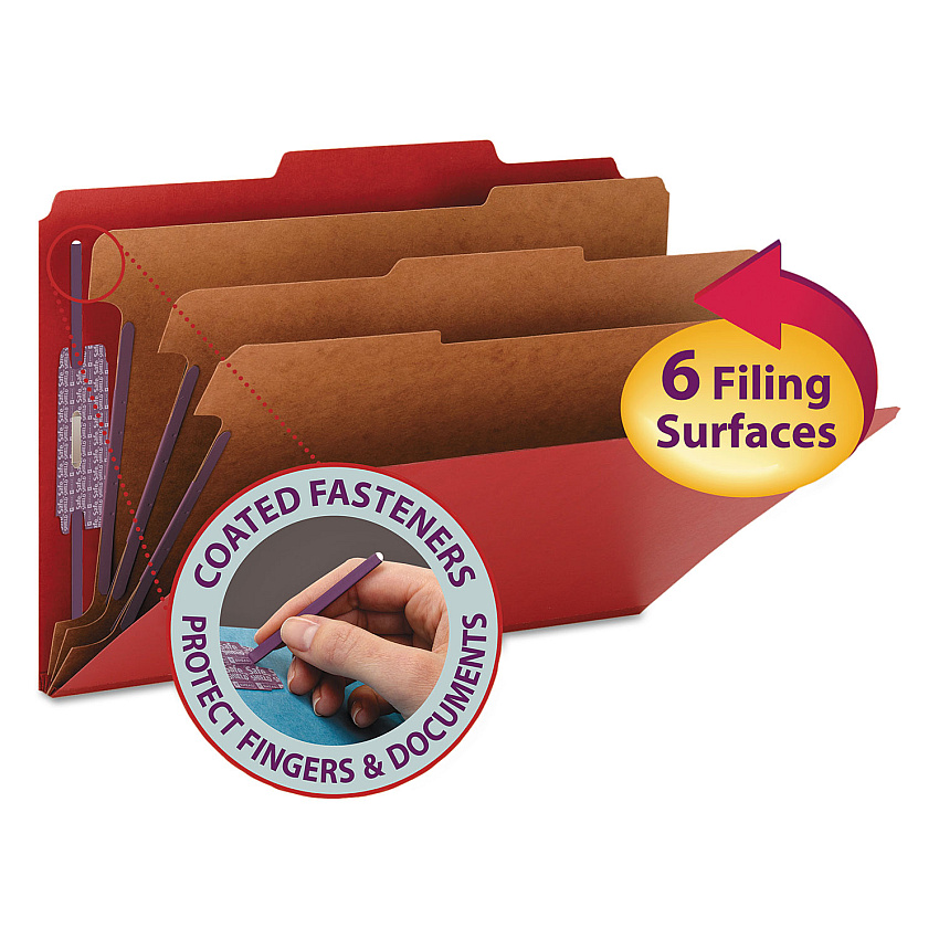 Smead Eight-Section Pressboard Top Tab Classification Folders with SafeSHIELD Fasteners, 3 Dividers, Legal Size, Bright Red, 10/Box (19095)