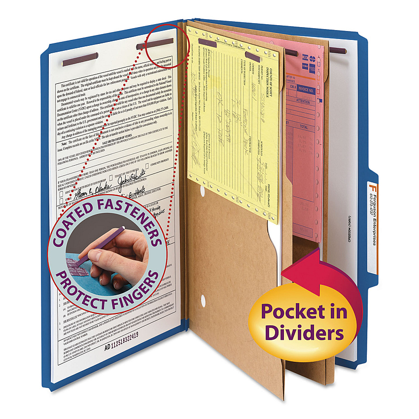 Smead 6-Section Pressboard Top Tab Pocket-Style Classification Folder, SafeSHIELD Fasteners, 2 Dividers, Legal, Dark Blue, 10/Box (19077)
