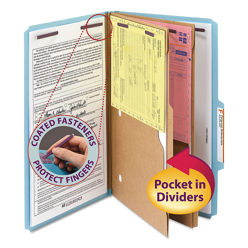 Smead 6-Section Pressboard Top Tab Pocket-Style Classification Folders with SafeSHIELD Fasteners, 2 Dividers, Legal, Blue, 10/BX (19081)