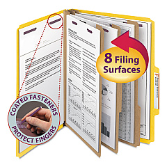 Smead Eight-Section Pressboard Top Tab Classification Folders with SafeSHIELD Fasteners, 3 Dividers, Letter Size, Yellow, 10/Box (14098)