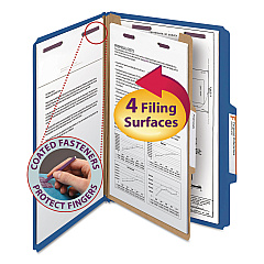 Smead Four-Section Pressboard Top Tab Classification Folders with SafeSHIELD Fasteners, 1 Divider, Legal Size, Dark Blue, 10/Box (18732)