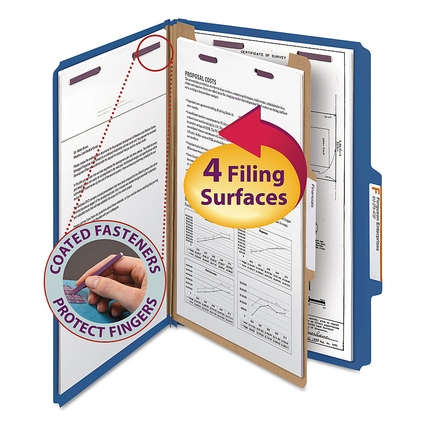Smead Four-Section Pressboard Top Tab Classification Folders with SafeSHIELD Fasteners, 1 Divider, Legal Size, Dark Blue, 10/Box (18732)