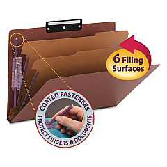 Smead Pressboard Classification Folders with SafeSHIELD Coated Fasteners, 1/3-Cut Metal Tab, 2 Dividers, Legal Size, Red, 10/Box (19230)