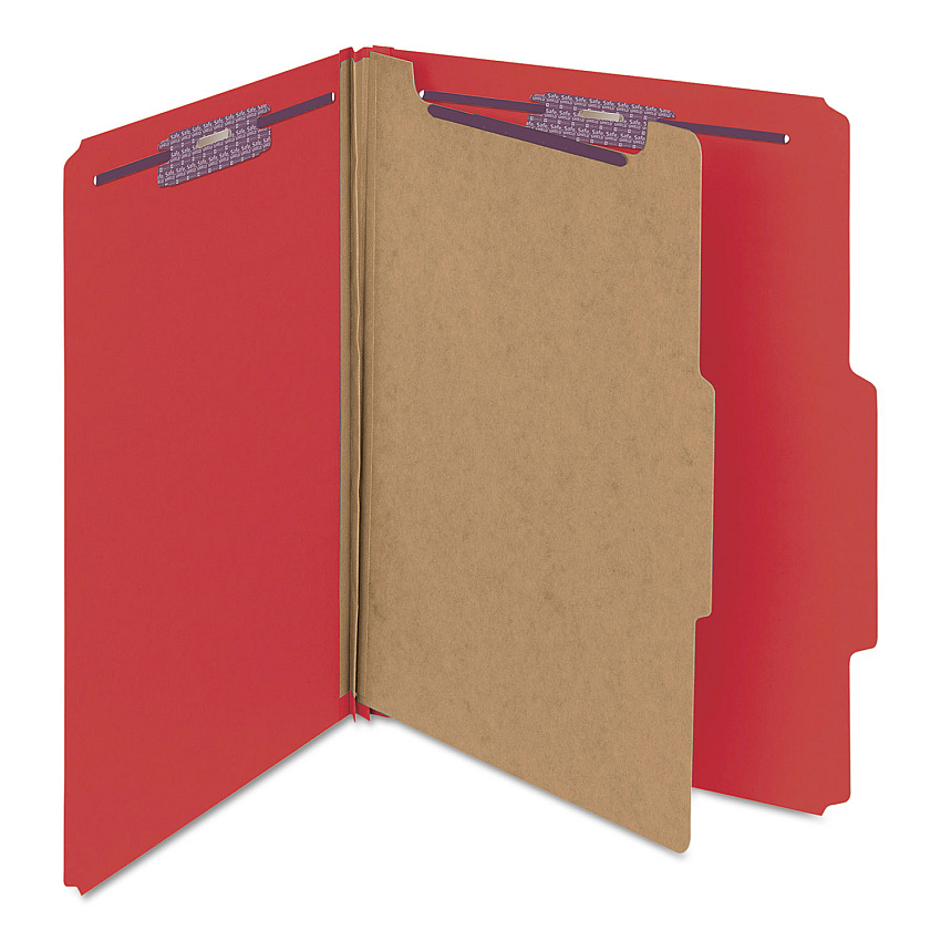 Smead Four-Section Pressboard Top Tab Classification Folders with SafeSHIELD Fasteners, 1 Divider, Letter Size, Bright Red, 10/Box (13731)