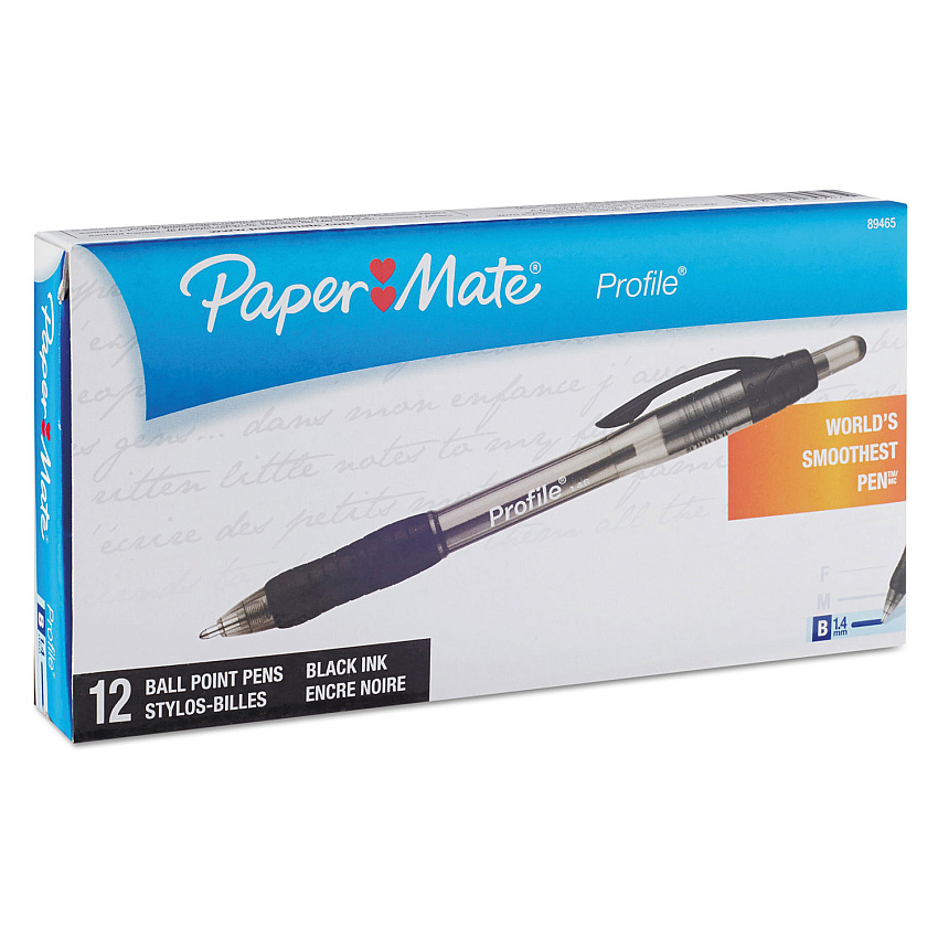 Paper Mate Profile Ballpoint Pen, Retractable, Bold 1.4 mm, Black Ink, Translucent Black Barrel, Dozen (89465A)