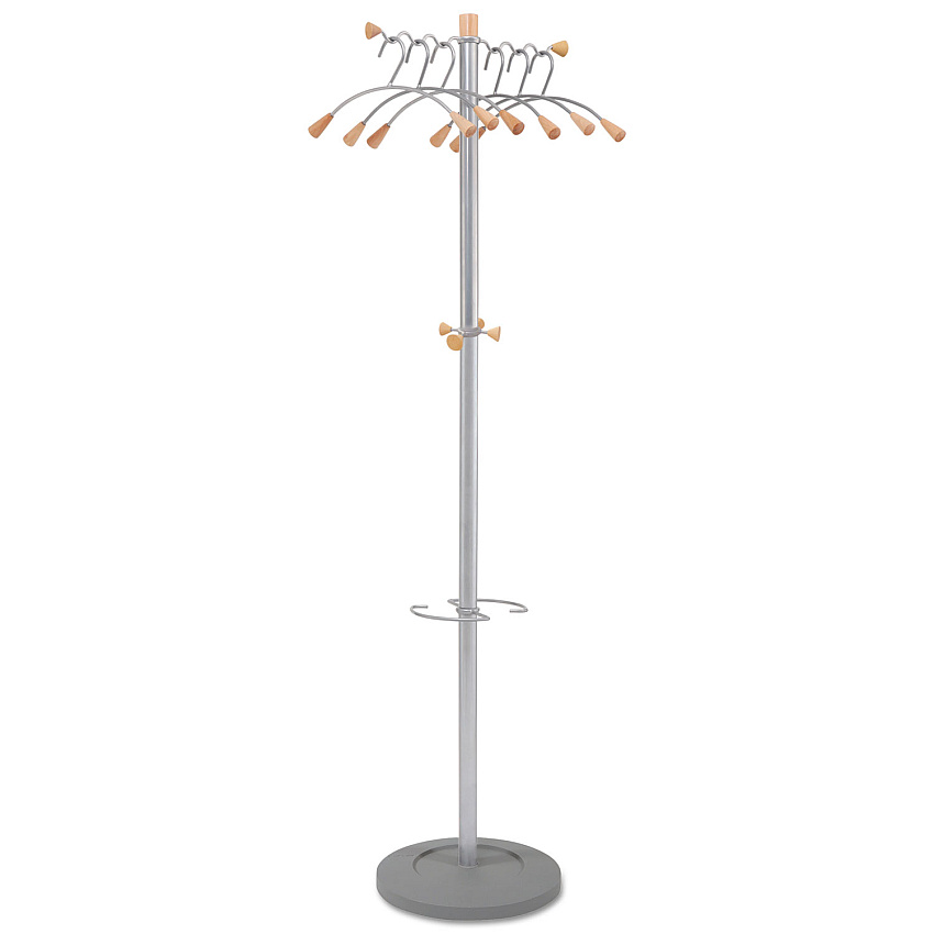 Alba Wavy Coat Tree, Six Hangers/Two Knobs/Four Hooks, 18.88w x 14d x 68.5h, Silver Steel/Wood (PMWAVE)