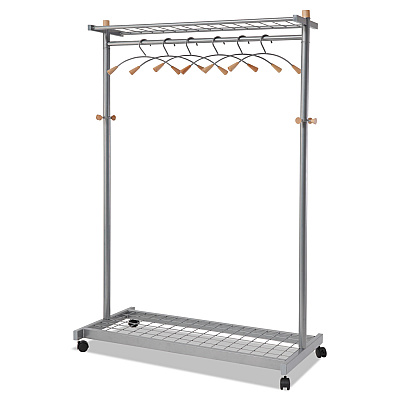Alba Garment Racks, Two-Sided, 2-Shelf Coat Rack, 6 Hanger/6 Hook, 44.8w x 21.67d x 70.8h, Silver Steel/Wood (PMLUX6)