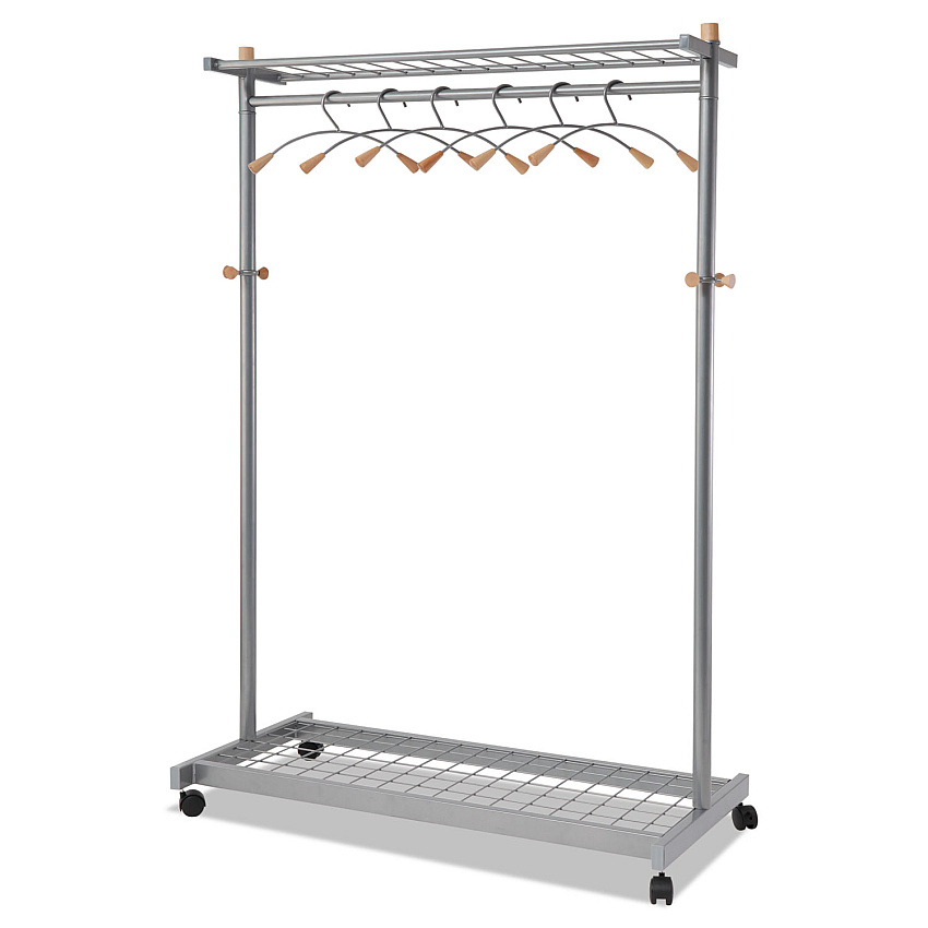 Alba Garment Racks, Two-Sided, 2-Shelf Coat Rack, 6 Hanger/6 Hook, 44.8w x 21.67d x 70.8h, Silver Steel/Wood (PMLUX6)