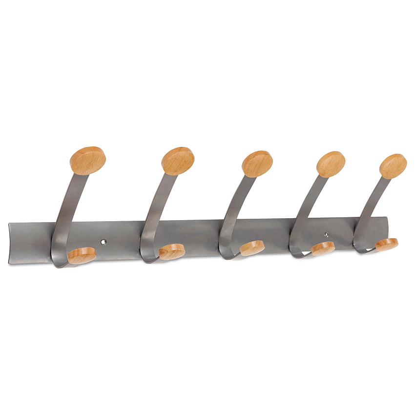 Alba Wooden Coat Hook, Five Wood Peg Wall Rack, Brown/Silver (PMV5)