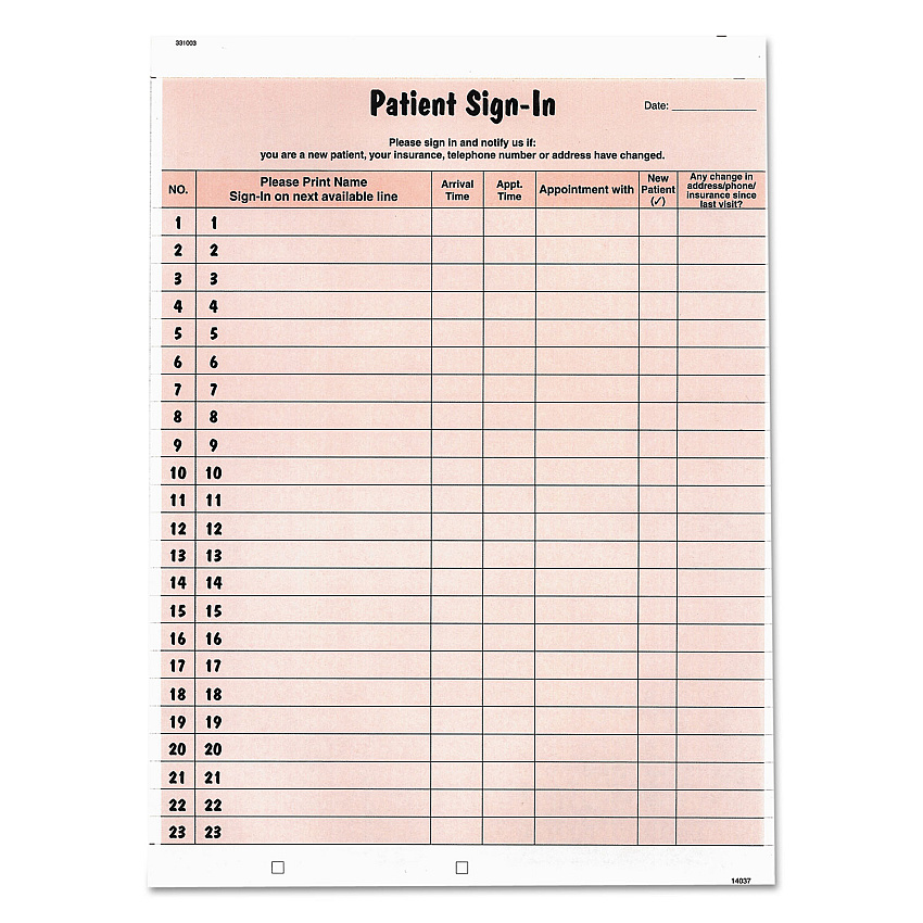 Tabbies Patient Sign-In Label Forms, Two-Part Carbon, 8.5 x 11.63, Salmon, 1/Page, 125 Forms (14530)