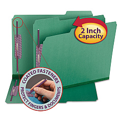 Smead Colored Pressboard Fastener Folders with SafeSHIELD Coated Fasteners, 2 Fasteners, Letter Size, Green Exterior, 25/Box (14938)