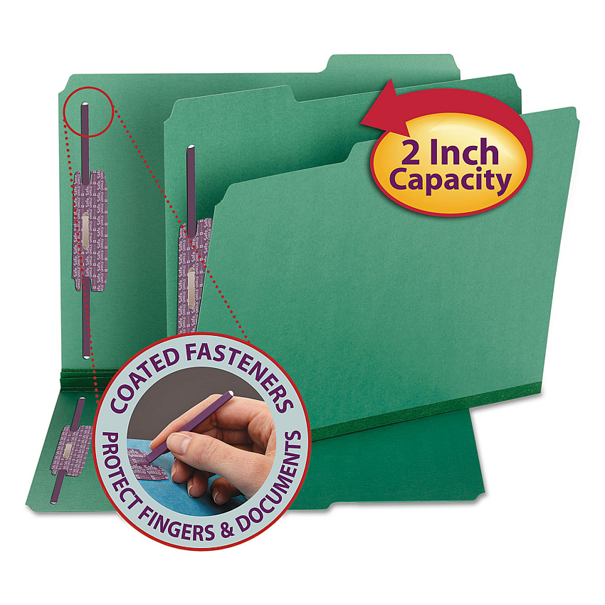 Smead Colored Pressboard Fastener Folders with SafeSHIELD Coated Fasteners, 2 Fasteners, Letter Size, Green Exterior, 25/Box (14938)