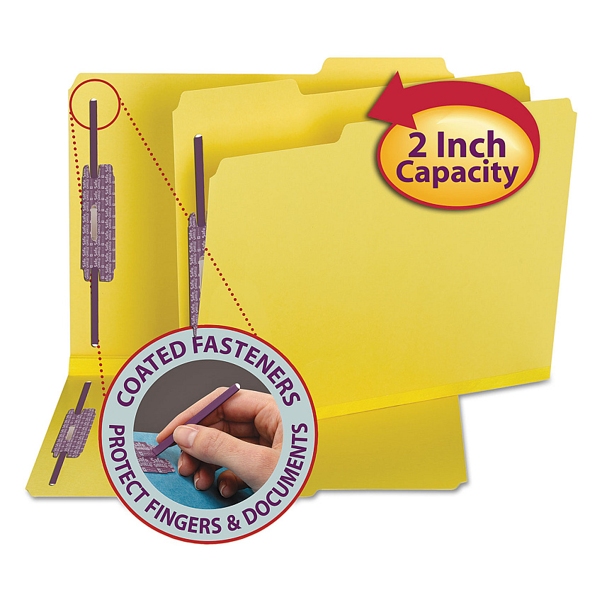 Smead Colored Pressboard Fastener Folders with SafeSHIELD Coated Fasteners, 2 Fasteners, Letter Size, Yellow Exterior, 25/Box (14939)
