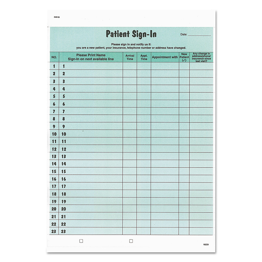 Tabbies Patient Sign-In Label Forms, Two-Part Carbon, 8.5 x 11.63, Green, 1/Page, 125 Forms (14532)