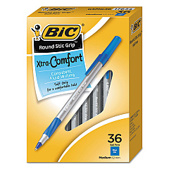 BIC Round Stic Grip Xtra Comfort Ballpoint Pen Value Pack, Easy-Glide, Stick, Medium 1.2 mm, Blue Ink, Gray/Blue Barrel, 36/Pack (GSMG361BE)