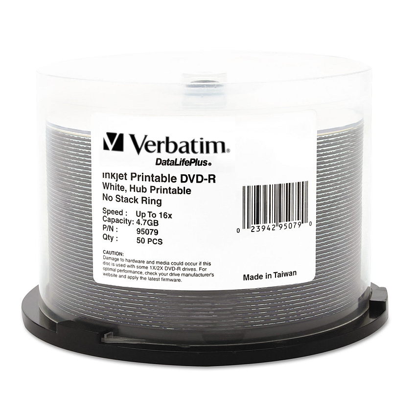Verbatim DVD-R DataLife Plus Printable Recordable Disc, 4.7 GB,16x, Spindle, White, 50/Pack (95079)