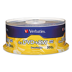 Verbatim DVD+RW Rewritable Disc, 4.7 GB, 4x, Spindle, Silver, 30/Pack (94834)