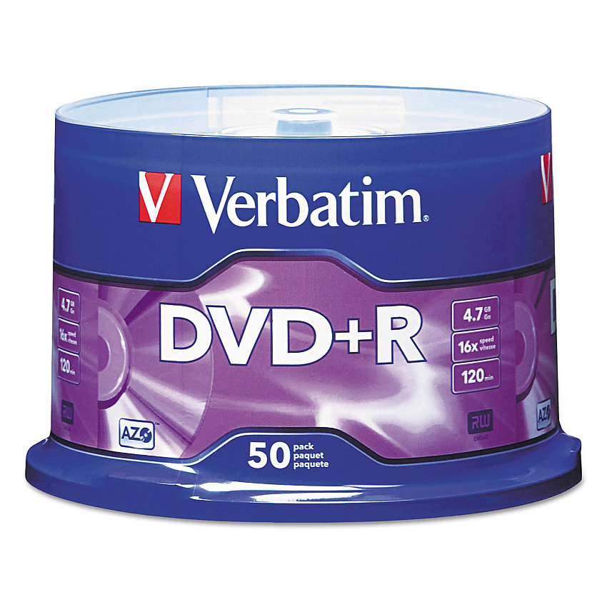Verbatim DVD+R Recordable Disc, 4.7 GB, 16x, Spindle, Matte Silver, 50/Pack (95037)