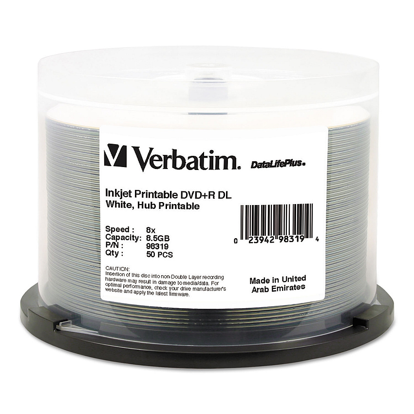 Verbatim DVD+R Dual Layer Printable Recordable Disc, 8.5 GB, 8x, Spindle, White, 50/Pack (98319)