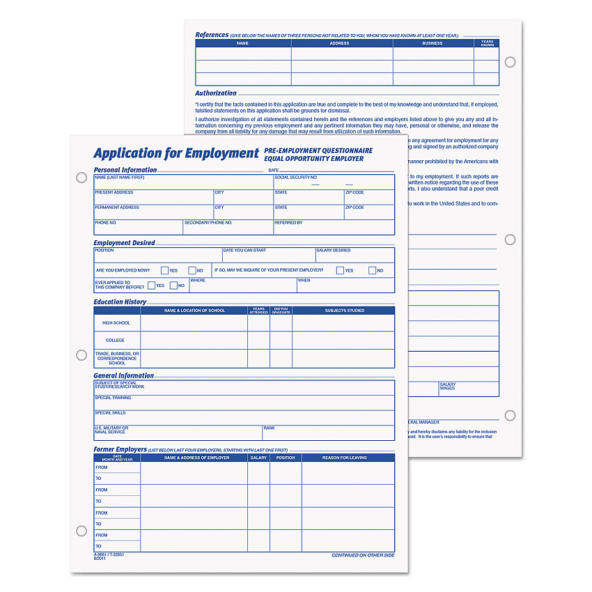 TOPS Employee Application Form, 8.38 x 11, 1/Page, 50 Forms/Pad, 2 Pads/Pack (32851)