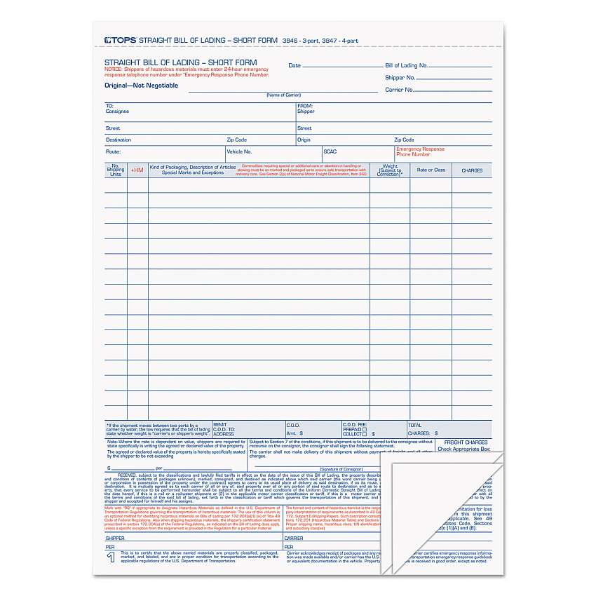 TOPS Bill of Lading,16-Line, Three-Part Carbonless, 8.5 x 11, 1/Page, 50 Forms (3846)