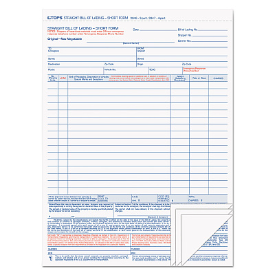 TOPS Bill of Lading,16-Line, Four-Part Carbonless, 8.5 x 11, 1/Page, 50 Forms (3847)