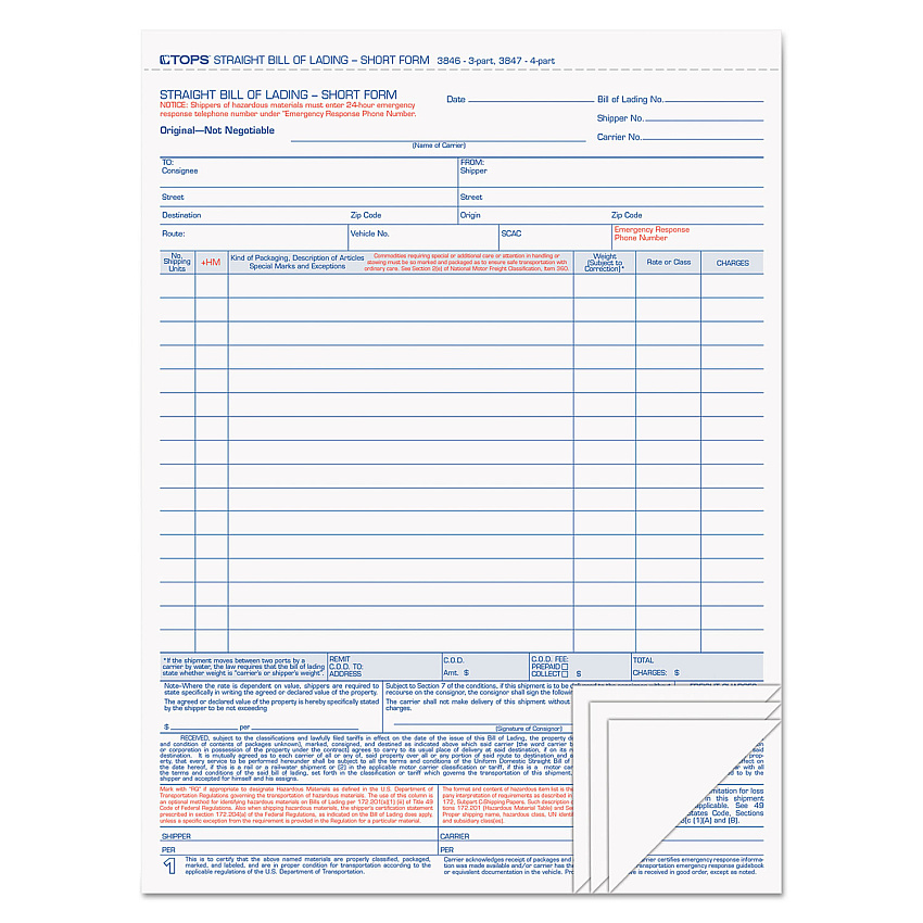 TOPS Bill of Lading,16-Line, Four-Part Carbonless, 8.5 x 11, 1/Page, 50 Forms (3847)