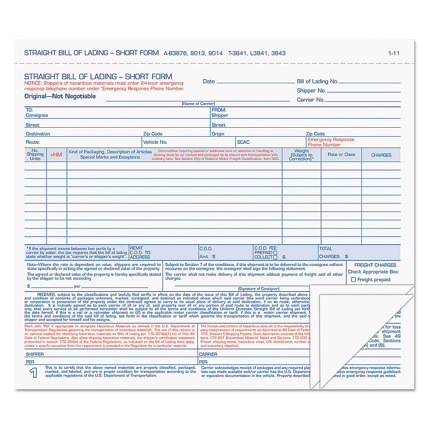 TOPS Hazardous Material Short Form, Three-Part Carbonless, 7 x 8.5, 1/Page, 50 Forms (3841)